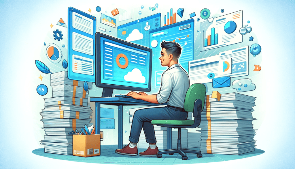 The illustration shows a person doing his data entry job and making a good money online as a freelance data entry operator.