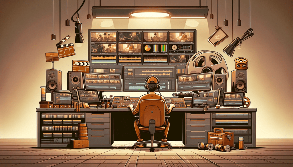 The illustration shows a freelance video editor editing a video for his client's YouTube channel.