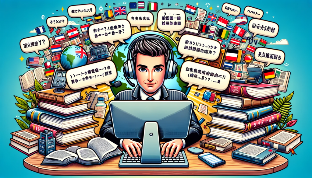 The illustration shows a translator who knows multiple languages and working on different books to translate from Spanish to English language.