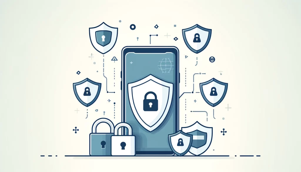 Illustration of a mobile app surrounded by security shields and digital padlocks, highlighting the importance of app security.