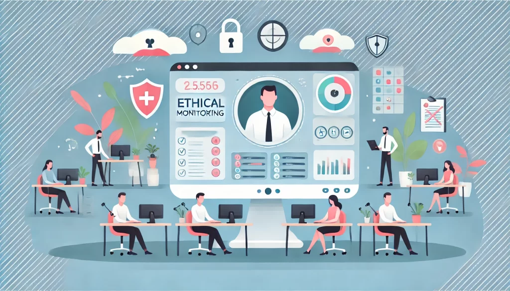 llustration showing ethical employee monitoring with employees working at desks, a transparent monitoring dashboard, and icons representing privacy and security in pastel colors.