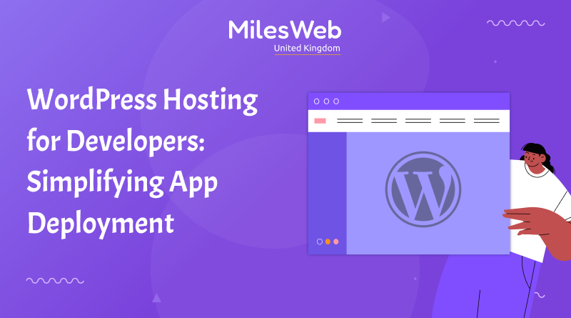 Illustration symbolizing WordPress hosting for developers, featuring a WordPress logo integrated with cloud and coding icons on a gradient background.