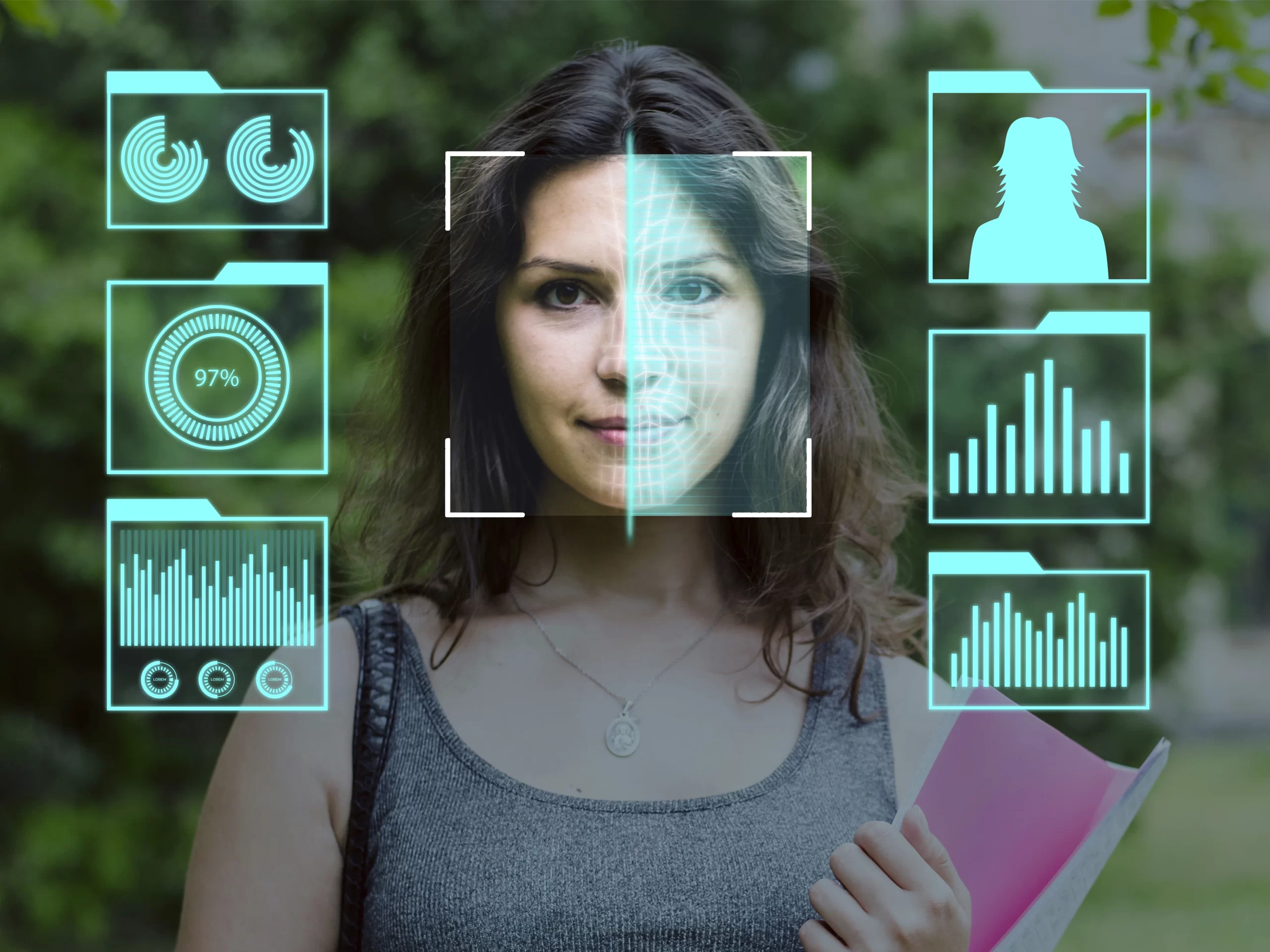 AI facial recognition scanning a woman’s face with biometric data and analytics displayed for identification and profiling purposes
