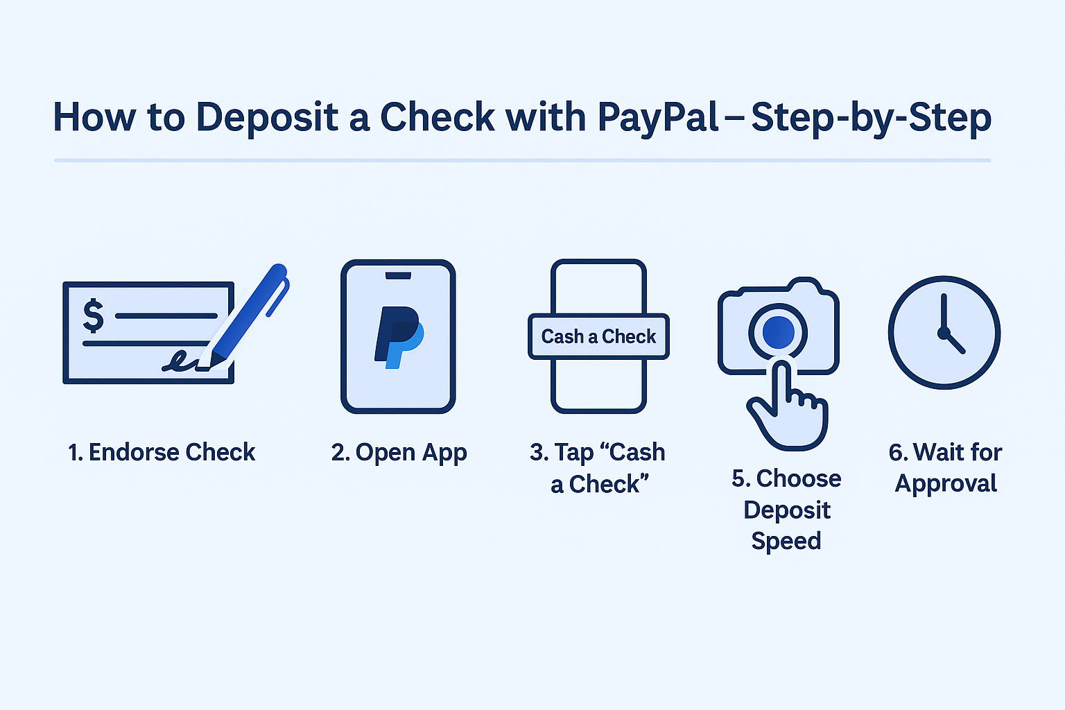Infographic showing six steps to deposit a check with PayPal mobile app